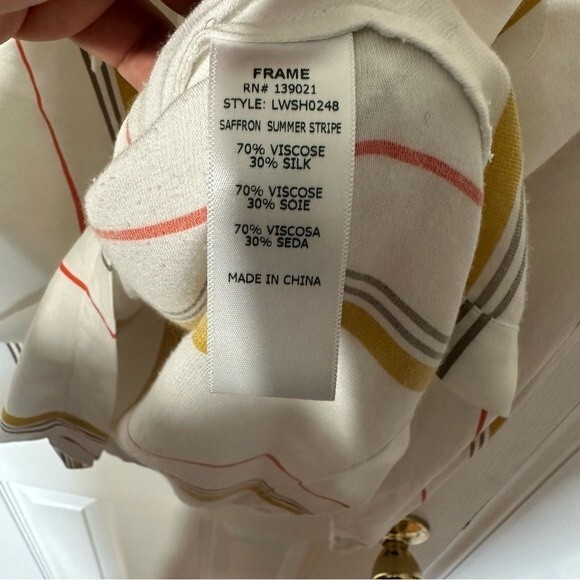 FRAME Le Raglan Lace Up Top in Saffron Summer Stripe Size L - Picture 6 of 6